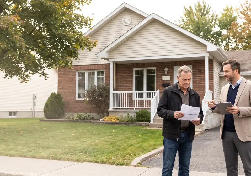 Propriétaire et conseiller devant une maison sous avis de 60 jours