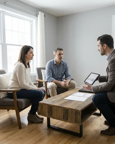 Couple en séparation qui discute de la vente de la maison avec une conseillère