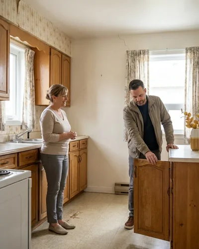 Cuisine défraîchie d'une maison à rénover, visitée par ses propriétaires